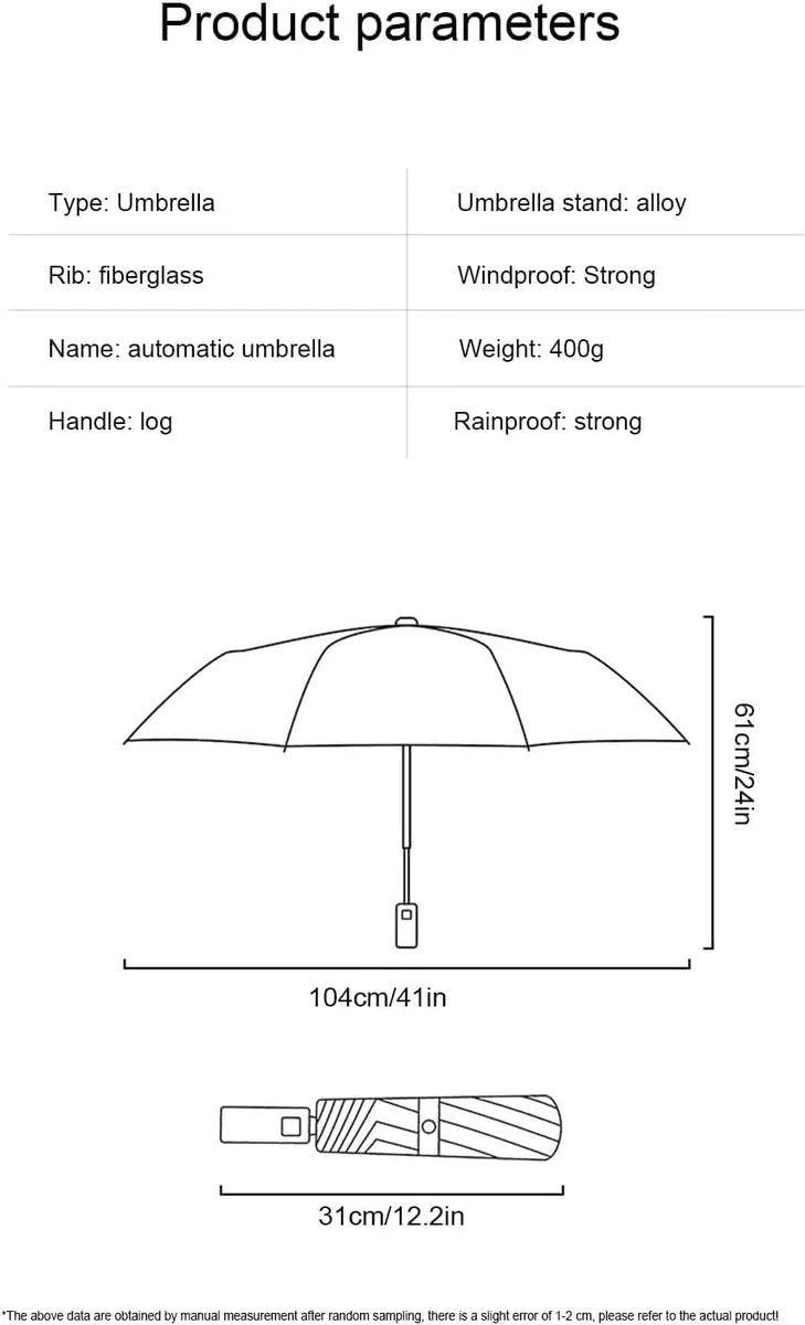 Parasolki Wiatroodporny parasol podróżny, 10 żeber, automatyczne otwieranie i zamykanie, składana drewniana rączka, kompaktowy(Blue)