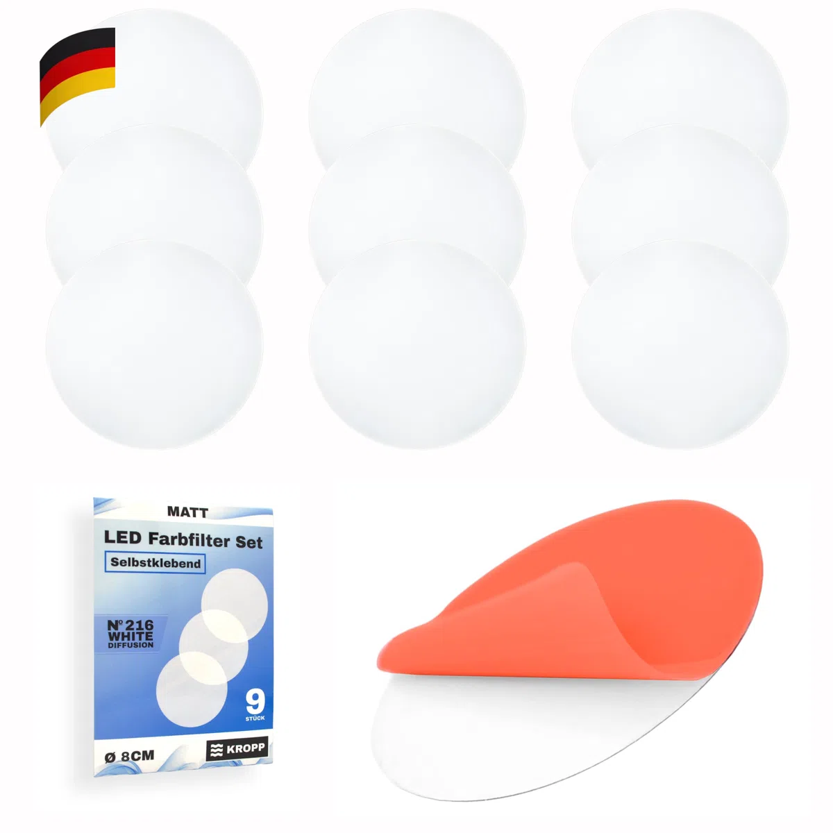 KROPP Samoprzylepne folie dyfuzyjne do LED, okrągłe wycięcie 8 cm, folia mleczna, łagodne rozproszenie, dyfuzor przeciw olśnieniu, folia opalowa do reflektorów LED, 9 szt. (⌀ 80 mm)