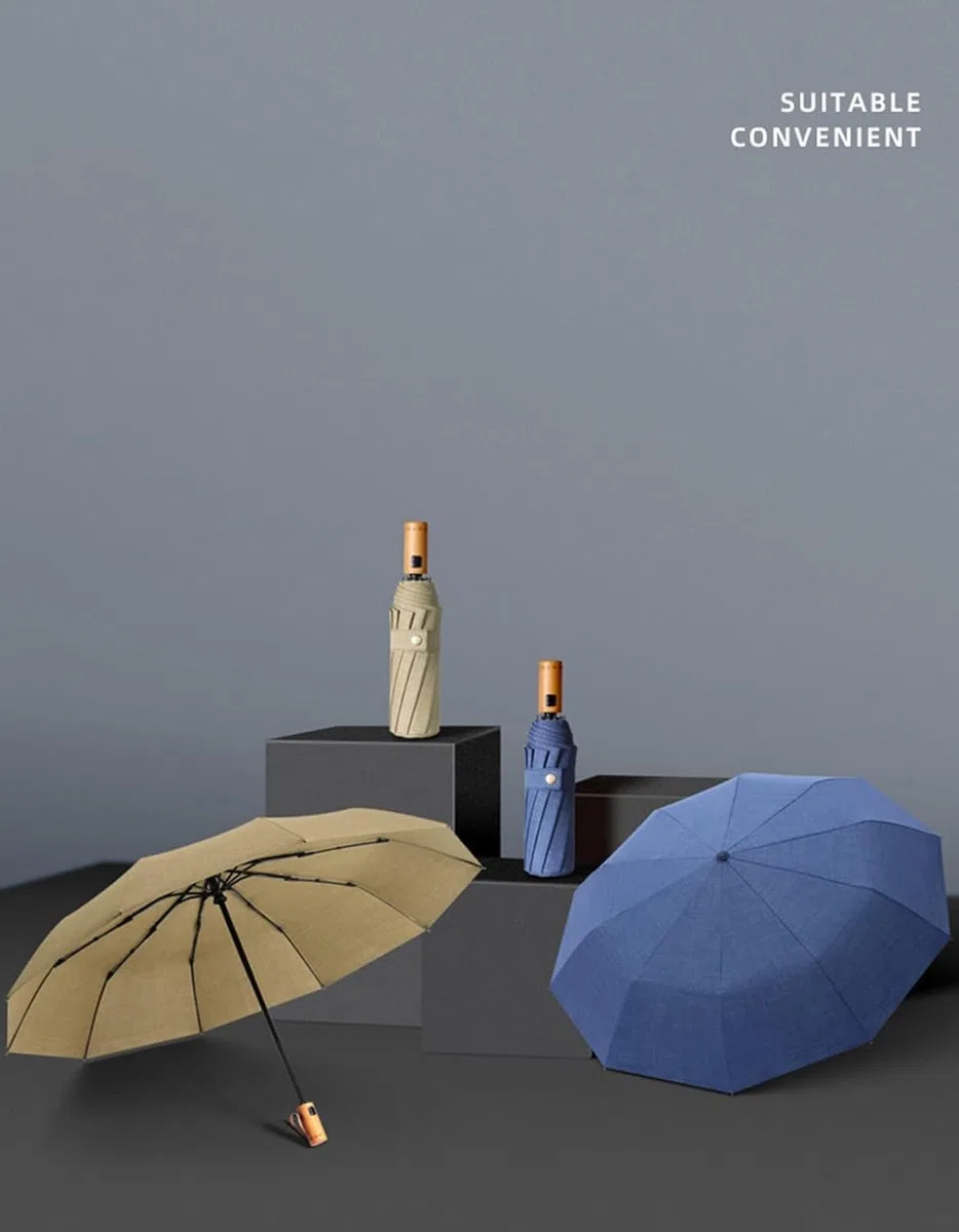 Parasolki Wiatroodporny parasol podróżny, 10 żeber, automatyczne otwieranie i zamykanie, składana drewniana rączka, kompaktowy(Blue)